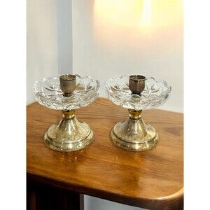 Vtg Landes Silver Plate, Brass Toned  & Cut Glass Small Taper Candle Holders